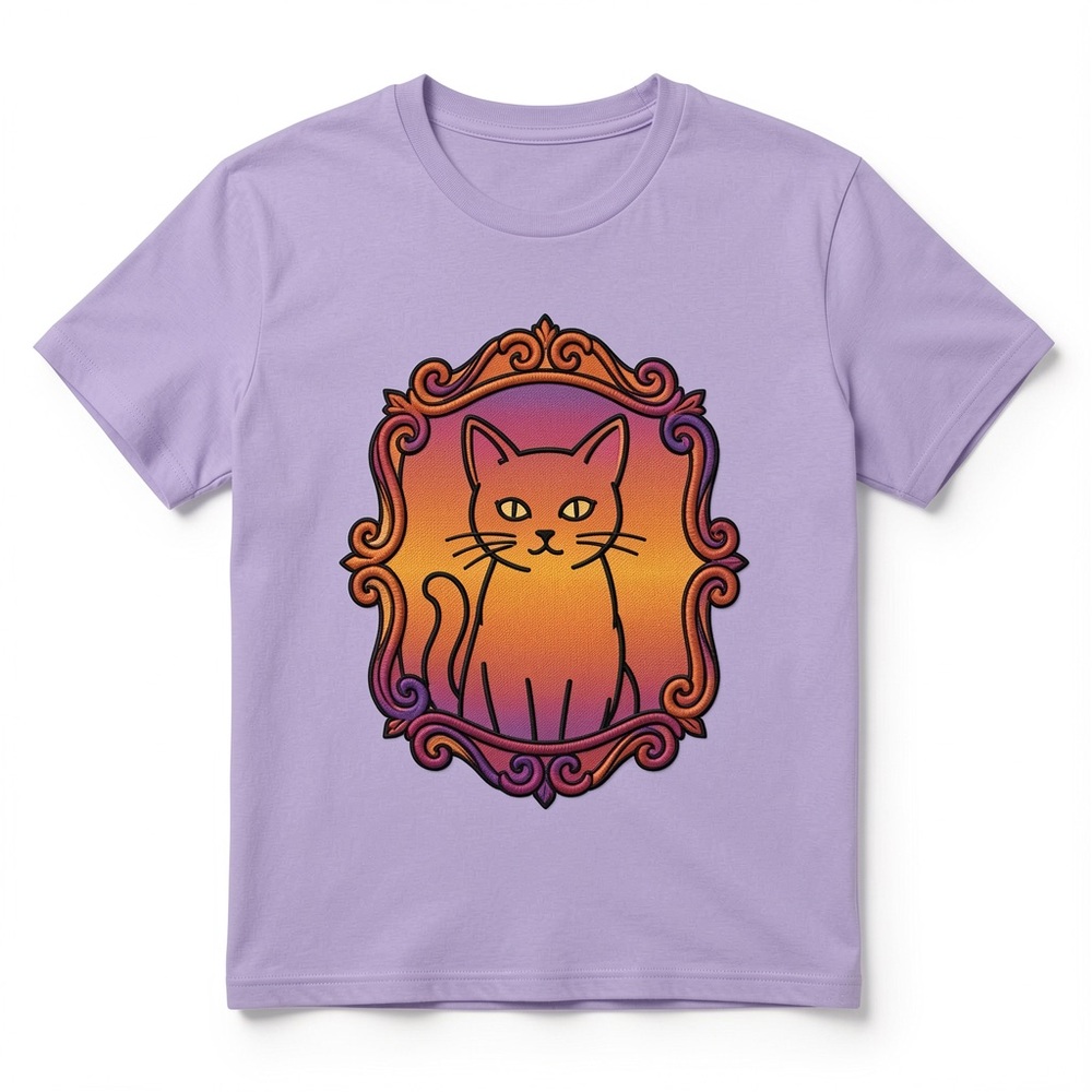 Gildan Lavender Tee with Orange-Pink Sunset Cat Graphic